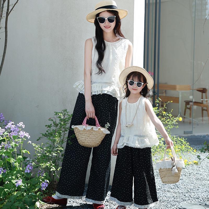 新款亲子装套装两件套母女装阔腿裤森系蕾丝背心夏季波点炸街洋气
